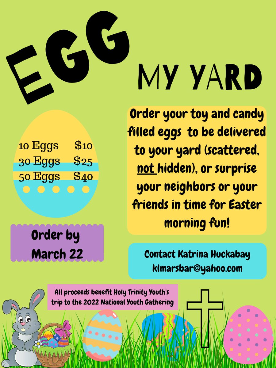 HolyTrinityLCMS's tweet photo. This year we are bringing an Easter Egg Hunt Fundraiser to YOU! Let our “bunnies” do all the work. 

10 Eggs = $10
30 Eggs = $25
50 Eggs = $40

Register online via https://t.co/VJtRaa5xXz #fundraiser #kansascity #Easter https://t.co/Ysuul7TlGI