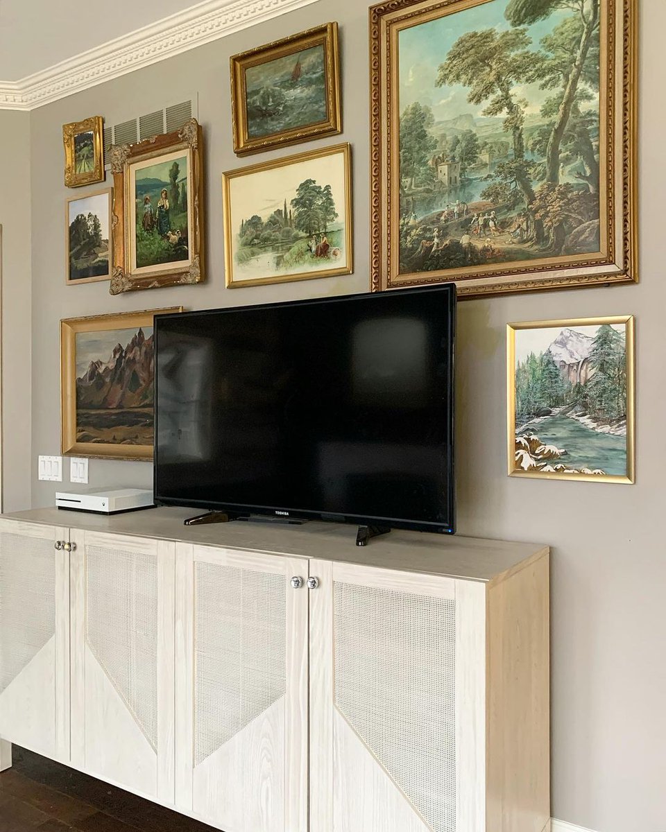 Styling around TV's can be tricky! We love how Haneen (<a href="/haneens_haven/">Haneen's Haven</a>) uses vintage landscapes and our credenza to create a characterful media room. Let the streaming begin!