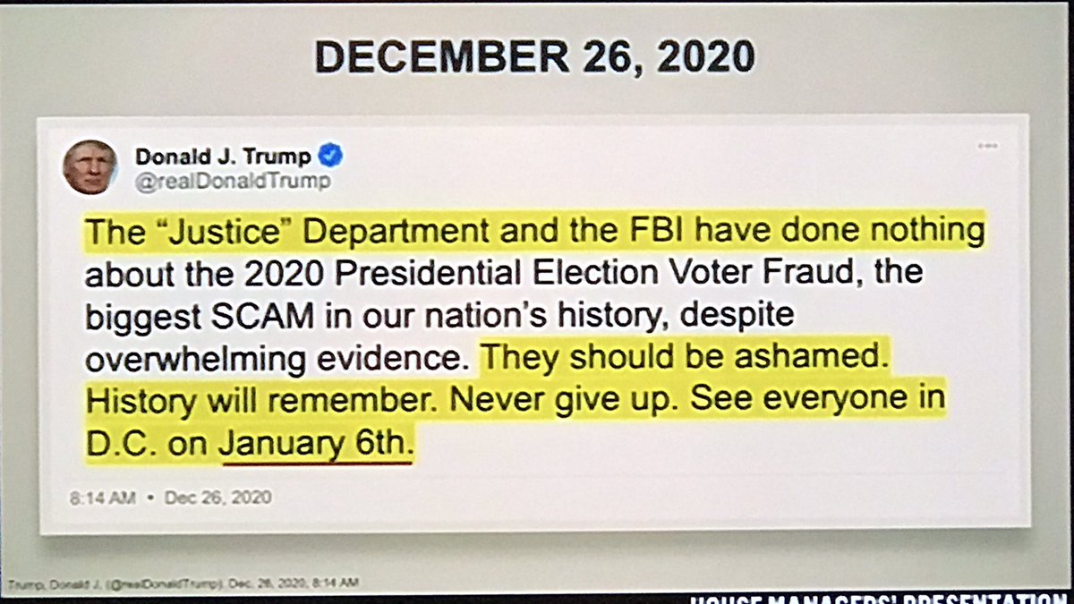 10. “History will remember. This was the only time, the first time, Donald Trump used this phrase in his Presidency.”  @ericswalwell Dec. 27 + Dec. 30Trump sends out invites.“Don’t miss it. Info to follow!”“JANUARY SIXTH, SEE YOU IN DC!”The revolt was carefully planned.