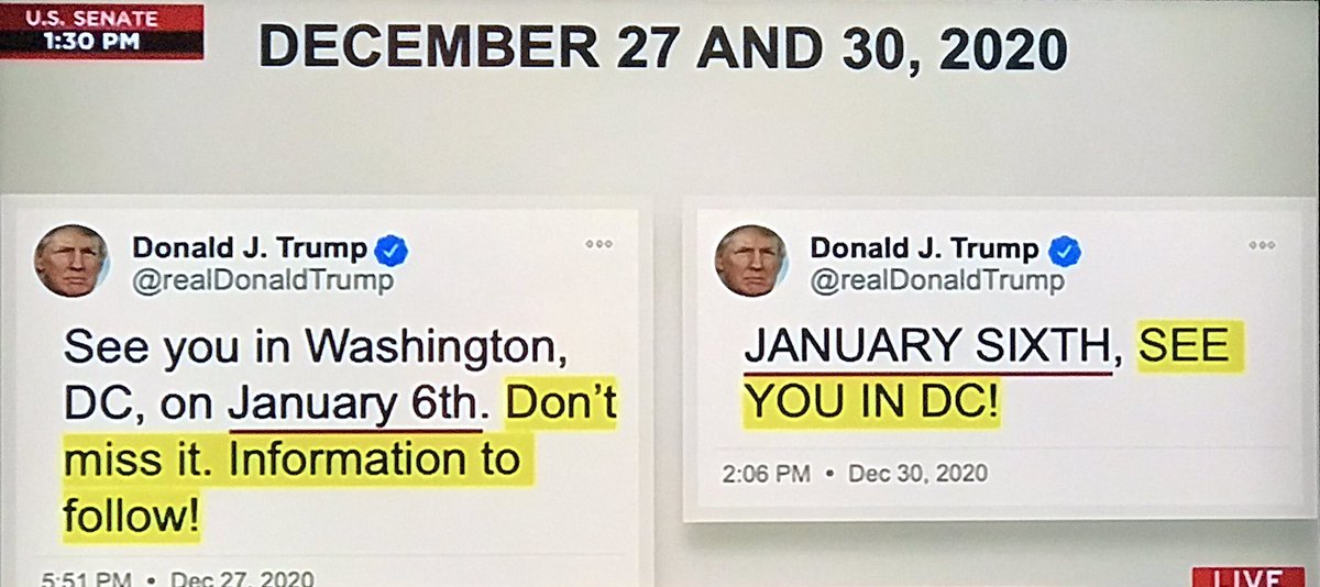 10. “History will remember. This was the only time, the first time, Donald Trump used this phrase in his Presidency.”  @ericswalwell Dec. 27 + Dec. 30Trump sends out invites.“Don’t miss it. Info to follow!”“JANUARY SIXTH, SEE YOU IN DC!”The revolt was carefully planned.