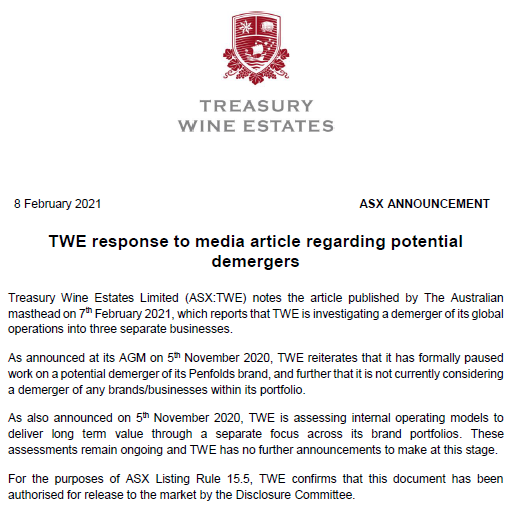 17. Divestments: TWE management recently announced (Feb 8) the spinoff of Penfolds has been paused, but divesting assets may not be off the table. Though this could be killing the golden goose for short term benefits..
