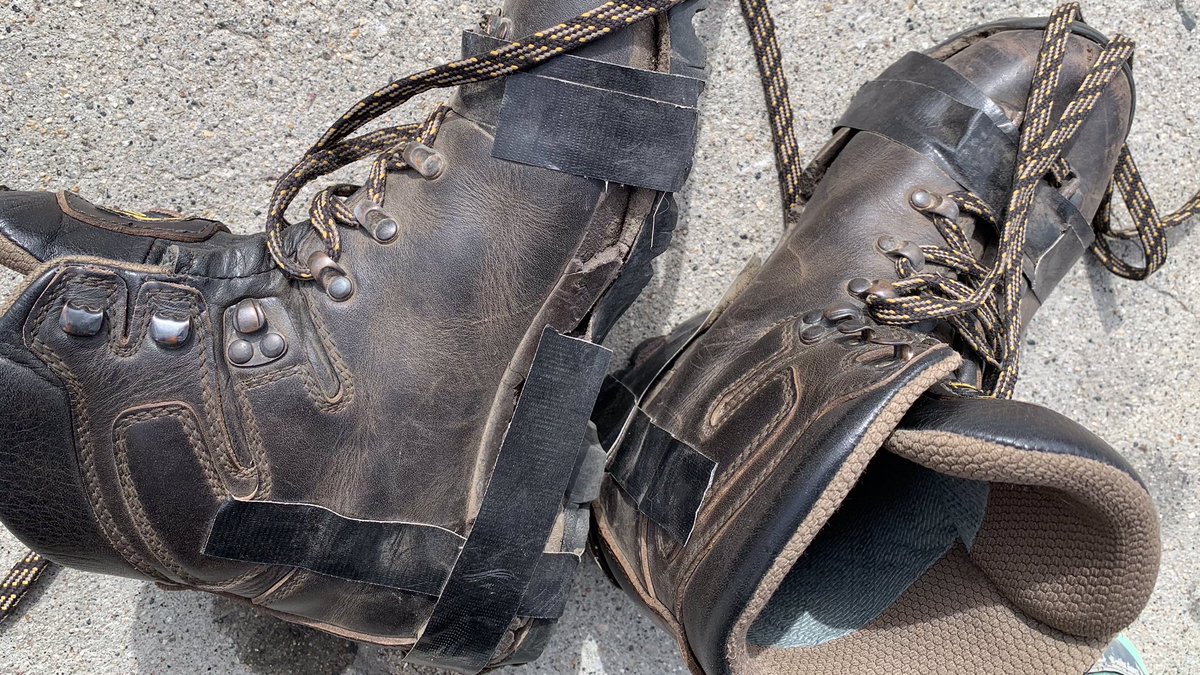 RSFireNerd's tweet photo. 🦍🥾 Shout-out to @GorillaGlue. Maybe 100 yards into steep and vegetated terrain, my 15-year-old boot soles literally exploded. Like, flapping with chunks of rubber falling off. I used a little bit of your tape, and it got me through the rest of the 2-mile trek. #TimeForNewBoots https://t.co/TZSng6SRZZ