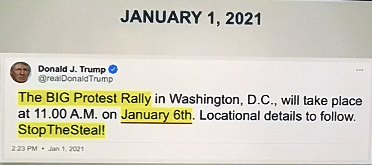 11. Jan. 1, 2021Trump: “The BIG Protest Rally in Washington, D.C. will take place at 11.00 A.M. on January 6th. Locational details to follow. StopTheSteal!”*locational* lolKylie Kremer: “The calvary is coming Mr. President JANUARY 6TH”*the calvary* - the military!