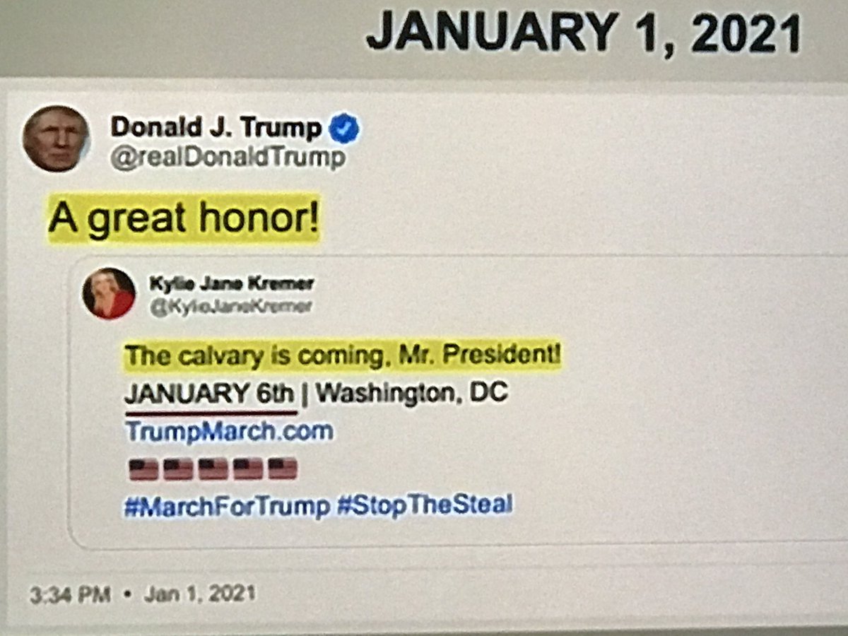 11. Jan. 1, 2021Trump: “The BIG Protest Rally in Washington, D.C. will take place at 11.00 A.M. on January 6th. Locational details to follow. StopTheSteal!”*locational* lolKylie Kremer: “The calvary is coming Mr. President JANUARY 6TH”*the calvary* - the military!
