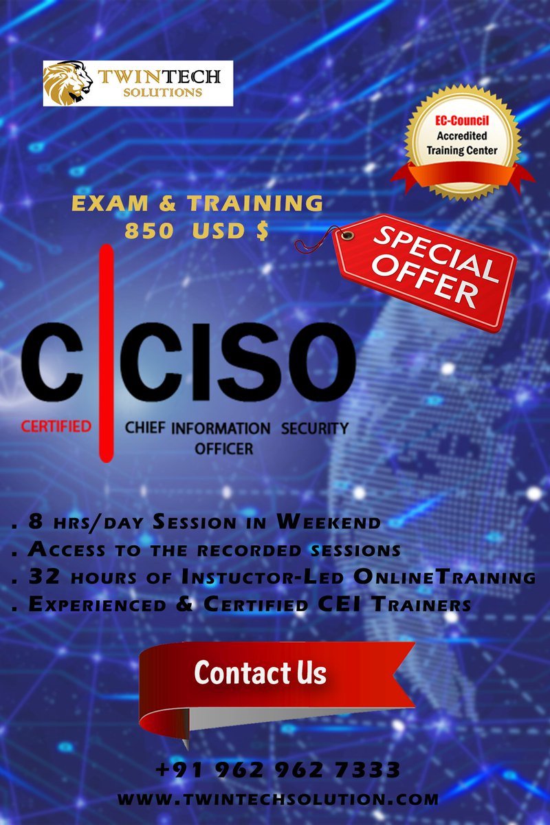 solutions_twin's tweet photo. EC-Council’s CCISO Program has certified leading information security professionals around the world. It does not focus solely on technical knowledge but on the application of information security management principles from an executive management point of view.  #cciso #twintech https://t.co/1Vctz50l8O