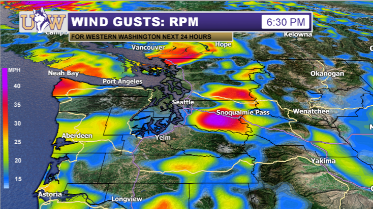 Along with the snow,  #CascadiaWinds will be a headline tomorrow. Strong gusts of 40mph are expected near the Cascade gaps. Areas such as North Bend and Bellingham will be hit hardest by these winds. Wind Chill will cause real-feel temperatures in the teens and 20s! #wawx  #wasnow