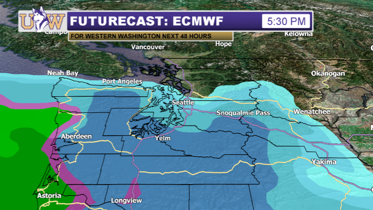 At 5:30pm, snow coverage will be quite widespread south of Seattle, but how far north the precipitation reaches is a wild card. Areas between  #Tacoma and  #Everett are the biggest question mark, as totals could range from a trace to 2". #wawx  #wasnow