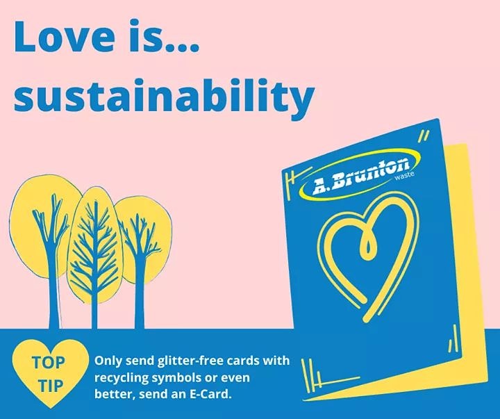 BruntonWaste's tweet photo. Say 'I Love You' with sustainability cards this Valentines. 💙💛

It takes the equivalent of over 8,000 trees to make the UK's 25 Million Valentine's Day Cards.

Why not try sending only glitter-free cards with the recycling symbol on or even better, send an E-Card to your https://t.co/DJd1NHKHQw