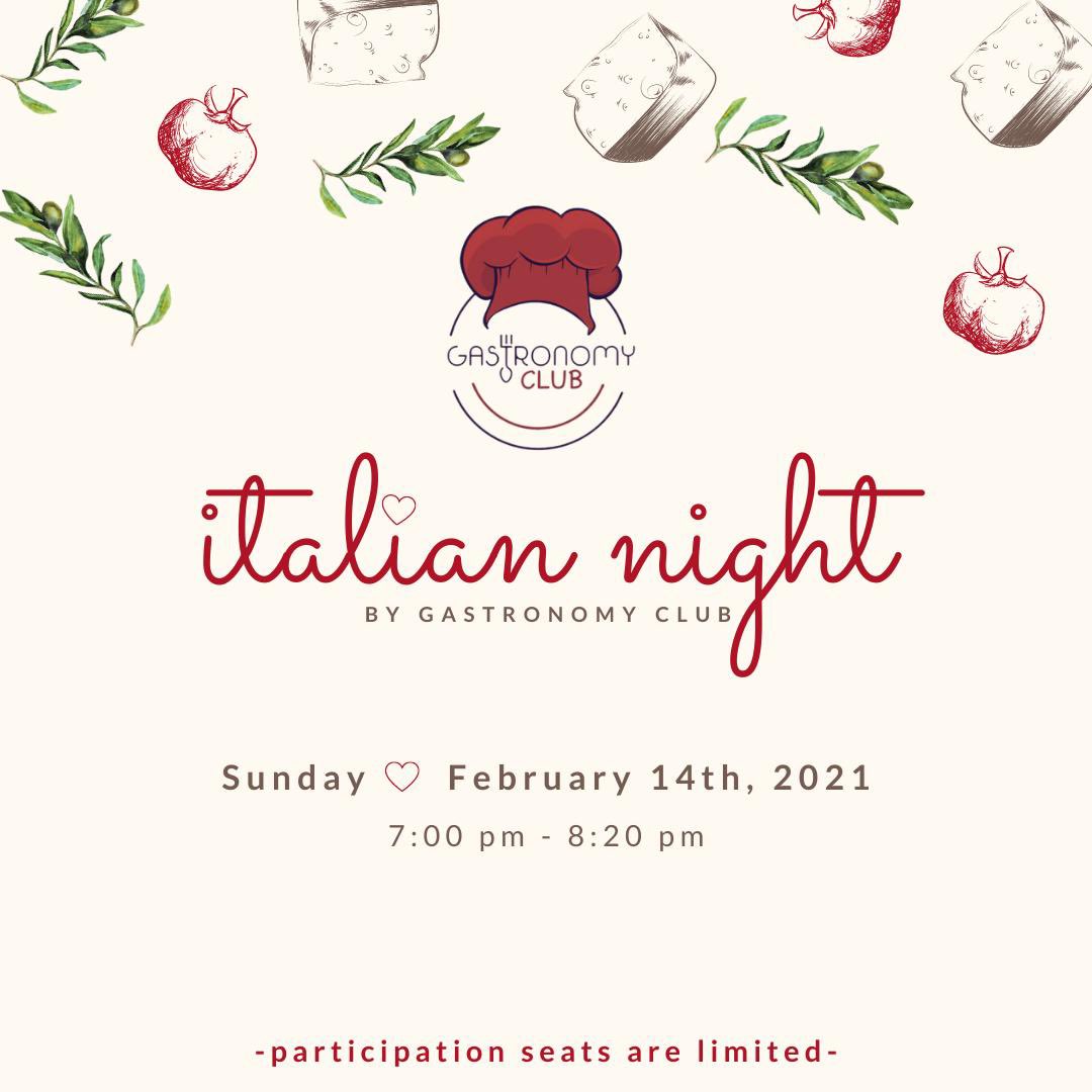 We’d love to invite you all to join us on our Italian Night on Sunday, 14th of Feb, 2021 from 7:00 pm to 8:20 pm via Zoom.  Participants who’d love to cook with us shall sign up in the link provided in our bio! Seats are limited, Join us &amp; Let’s spread the pasta LOVE! 🍝♥️🇮🇹