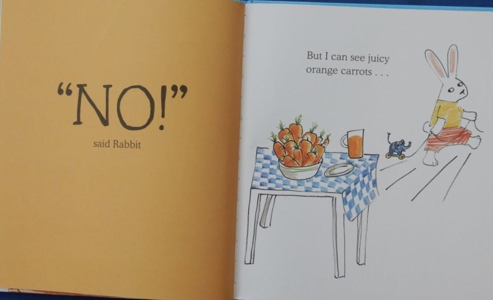 JillBennett18's tweet photo. Recalcitrant behaviour on the part of the little protagonist is cleverly coped with by the wise actions of Mum rabbit in @marjokehenrichs #Nosaidrabbit  @Scallywagpress - it’s #RedReadingHub’s #picturebook of the day reviewed now on the blog 🐰🥕🪁🛁🛏️ https://t.co/fUxTyim90V https://t.co/XqiXZgv0Gc