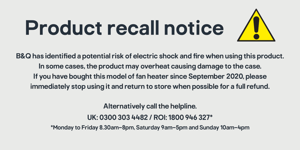 CDDFRS's tweet photo. ⚠️ IMPORTANT PRODUCT RECALL ⚠️

B&amp;Q have issued a product recall for the GoodHome Colenso 2000W White Freestanding Fan heater. 

Barcode: 5059340046921 (on sale between September 2020 and January 2021) For more information please visit  👉 https://t.co/A2Tji57Bh5 https://t.co/m8GiQObdAL