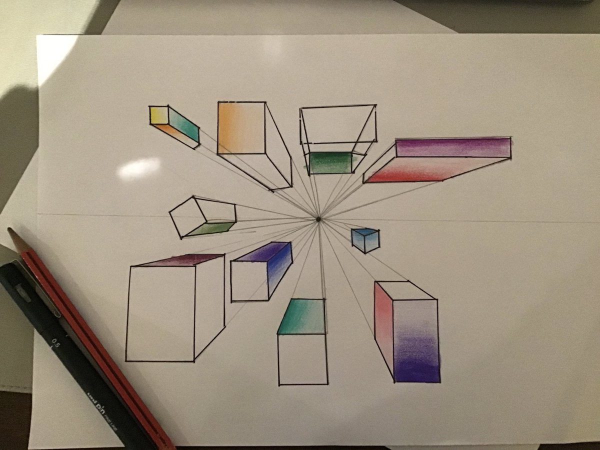 DunhurstArts's tweet photo. Evelyn in G3D (Year 6) drew some stunning 3D forms in space here, during our lesson looking at one point perspective lesson. Beautiful use of colour shading too! #perspective #design #sketch #designfromhome #virtuallearning @DunhurstSchool https://t.co/L8bt4ogc3P