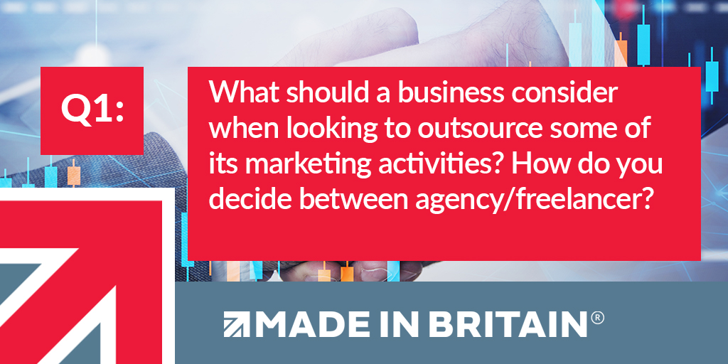 MadeinBritainGB's tweet photo. Q1: What should a business consider when looking to outsource some of its marketing activities? How do you decide between agency/freelancer?

Please post your comments below. 

#madeinbritainhour #madeinbritain #ukmfg #mibhour #marketing #marketingagency https://t.co/NHgwO5tpcB