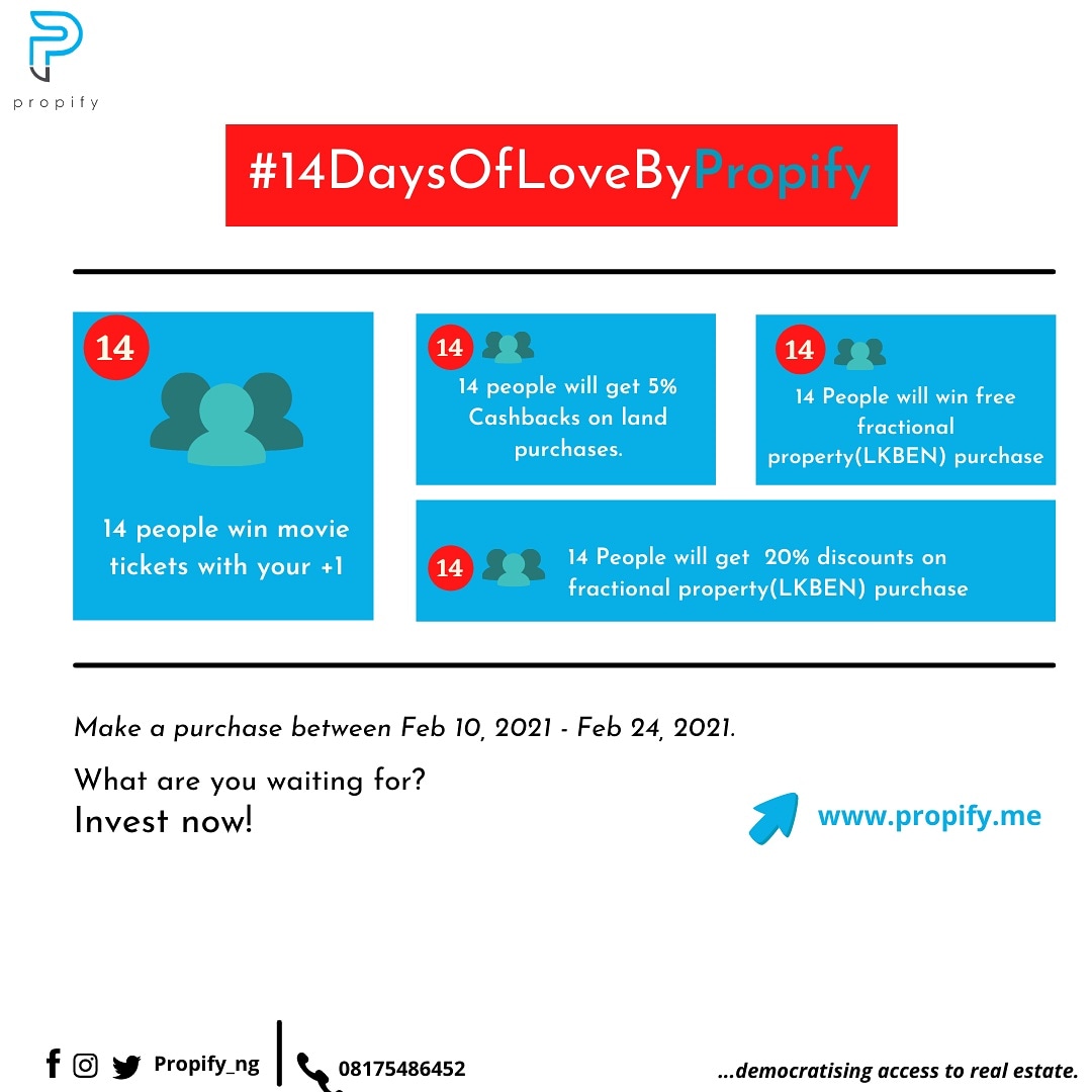 propifyng's tweet photo. We offer the best real estate opportunities.

Own a plot of the New Lagos with at little as 150k.

Also, win a special Valentine's day treat courtesy of propify.

Offer available while stock lasts.
#propify #investments #14DaysofLoveByPropify #ValentinesDay https://t.co/zk4hLPdv3R