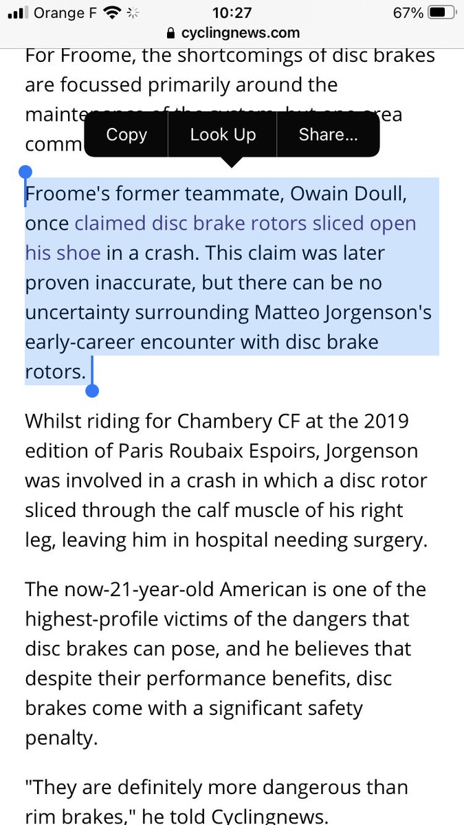 Now I think disc breaks do perform better, issues of with them I’ve found are all solved by a good mechanic. But this incident with <a href="/owaindoull/">Owain Doull</a> was not proven to be inaccurate! Was the disc break that caused the cut!