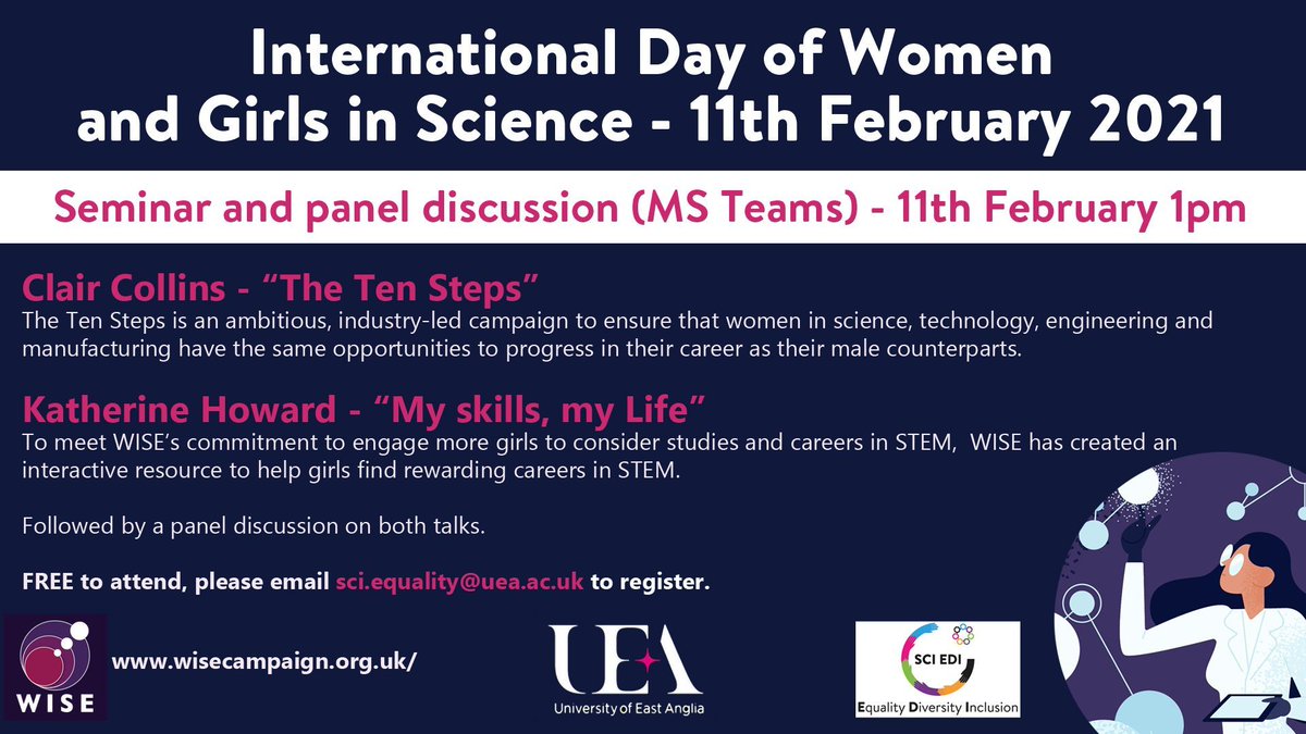 Today is International Day of Women and Girls in Science and we are hosting a webinar and panel at 1pm UK time featuring two speakers from <a href="/thewisecampaign/">WISE</a> via MS Teams.  Free to attend, email sci.equality@uea.ac.uk for the meeting link :)   #IDWGS2021 #stemwomen #sciencegirls