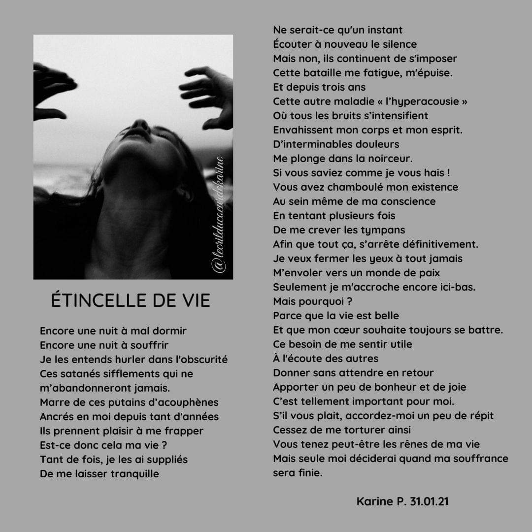 Cc à tous,
Débutante sur twitter, je me lance grâce aux conseils de @MaritzacocoJ et à sa dernière vidéo you tube sur twitter.
Envie d'hurler cette douleur qui m'empêche de vivre comme avant.
 #hyperacousie #acouphenes Bonne journée à tous 😘
#poème #maladieinvisible