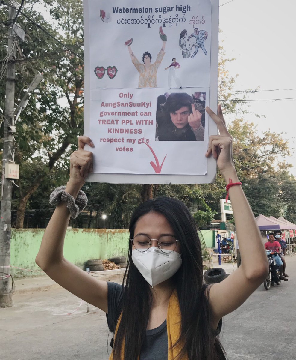 PhooPyaeSan2's tweet photo. Protest signs I used ystd #protest_peacefully #Myanmarprotests #Feb10Coup #RejectMilitaryCoup #SayNoToDictatorship #HarryStyles @Harry_Styles #FightForDemocracy #SaveMyanmar #RespectOurVotes https://t.co/suhmyARGbA