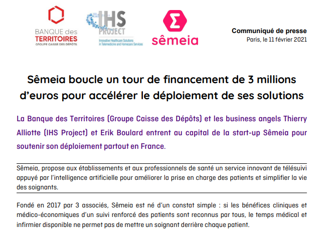 Sêmeia boucle un tour de financement de 3 millions d’euros pour accélérer le déploiement de ses solutions de service innovant de télésuivi appuyé par l’intelligence artificielle pour améliorer la prise en charge des patients.
Plus d'infos 👉 bit.ly/3aVu0HH