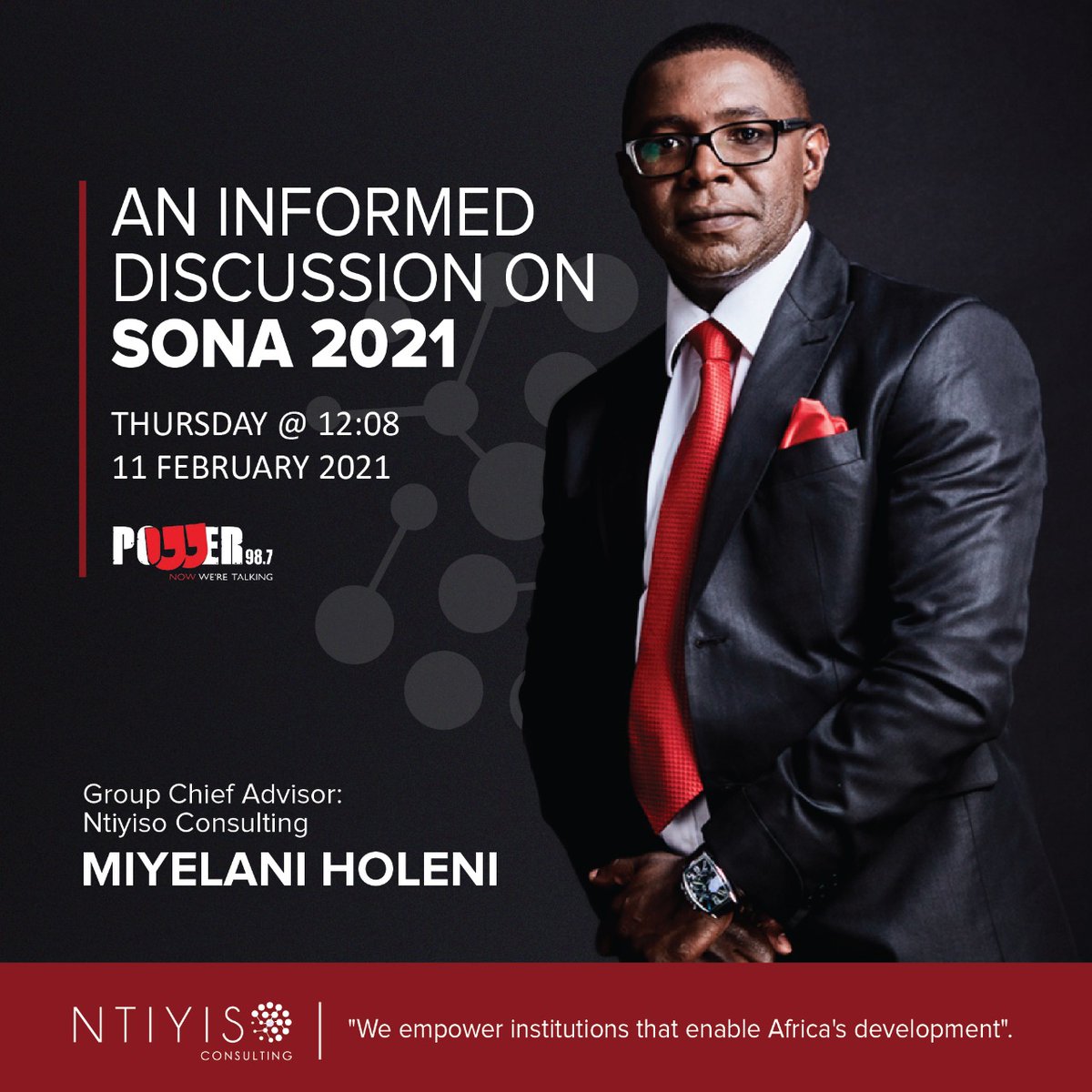 NtiyisoConsult's tweet photo. Update: Catch our Group Chief Advisor, Miyelani Holeni as he engages on a pre-SONA 2021 discussion, this Thursday at 12:08 on @Powerfm987

#TruthTrustResults #ThoughtLeadership https://t.co/TtrayH7OBW