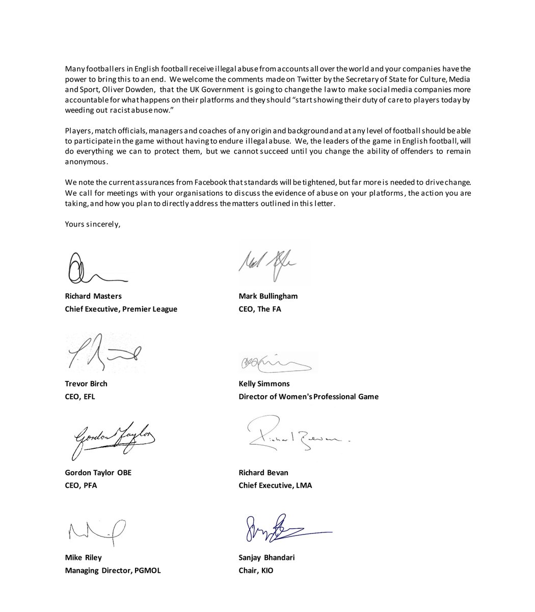 England Football (@englandfootball) on Twitter photo A letter to @Facebook and @Twitter: the-fa.com/azT3DS
✍️ The FA
✍️ <a href="/premierleague/">Premier League</a>
✍️ <a href="/EFL/">EFL</a>
✍️ @BarclaysFAWSL
✍️ @FAWomensChamp
✍️ <a href="/PFA/">PFA</a>
✍️ <a href="/LMA_Managers/">LMA</a>
✍️ PGMOL
✍️ <a href="/kickitout/">Kick It Out</a> A letter to @Facebook and @Twitter: the-fa.com/azT3DS
✍️ The FA
✍️ <a href="/premierleague/">Premier League</a>
✍️ <a href="/EFL/">EFL</a>
✍️ @BarclaysFAWSL
✍️ @FAWomensChamp
✍️ <a href="/PFA/">PFA</a>
✍️ <a href="/LMA_Managers/">LMA</a>
✍️ PGMOL
✍️ <a href="/kickitout/">Kick It Out</a>