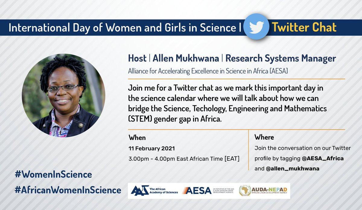 As we mark the International Day of Women and Girls in Science, join us for a #TwitterChat today hosted by our very own <a href="/allen_mukhwana/">Allen Mukhwana</a> to discuss how Africa can bridge its #STEM gender gap #WomenInScience #AfricanWomenInScience