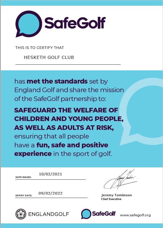 We are pleased to announce the club has received its SafeGolf Accreditation from <a href="/EnglandGolf/">England Golf</a>. SafeGolf is in essence a recognition that the club is working at an industry standard in regards of Safeguarding all its members, in particular Junior members. #HeskethGC