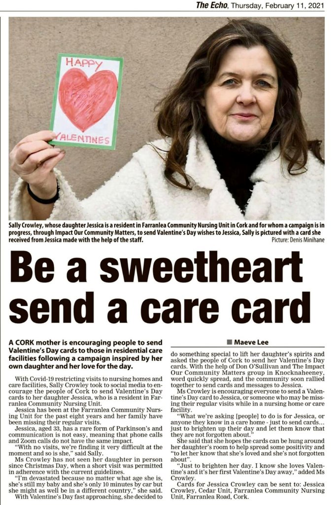 CALLING ALL PEOPLE!

Sally &amp; her family are wonderful people &amp; are  friends of all at #unitycork 

If you are looking to put a smile on anyones face please send it to Jessica. 

Read today's article from <a href="/echolivecork/">EchoLive.ie</a> 

Please R/T to make sure she gets as many as possible! 🥰
⬇️