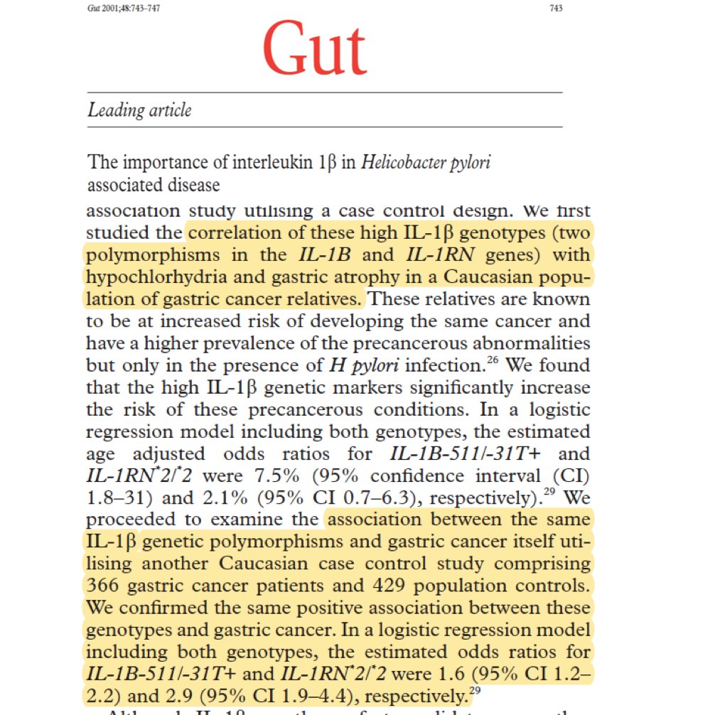 Although the exact genetic etiology cannot be ascertained, two major candidates are 1. CDH1 (E-cadherin) mutation causing hereditary diffuse cancer and 2. IL-1β polymorphims with increased risk for development of cancer in H. pylori infected relatives of gastric cancer patients.