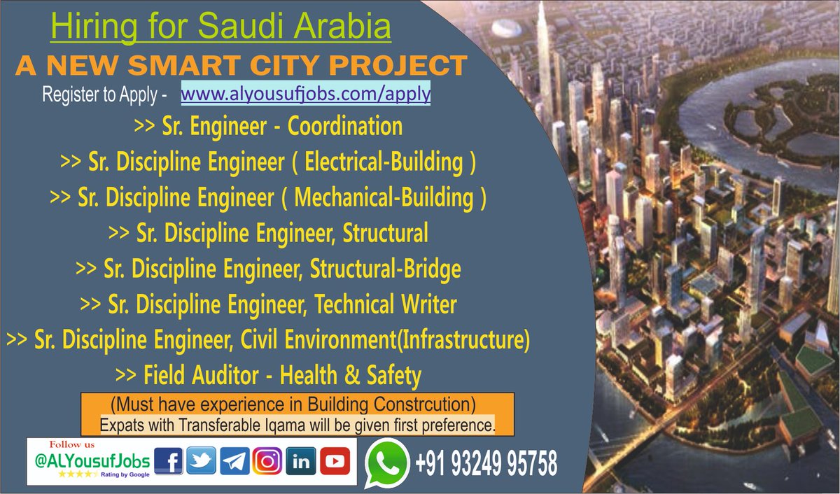 alyousufjobs's tweet photo. #Recruiting for #SaudiArabia - A New Smart City Project #Local_Transfer
  Interested applicant may pls register to apply - https://t.co/3ddu1OWXtF
@UNmigration @ficci_india @Sepc_India @FollowCII @ICMPD @indembkwt 
@ILO_EMP_Policy @NSDCINDIA @IndianEmbRiyadh
@FieoHq @minmsme https://t.co/uOm1dmr9eR