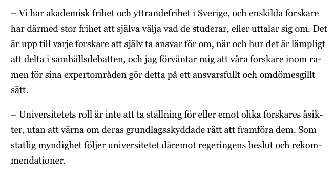 The Chancellor of  @UmeaUniversity, Hans Adolfsson, struck the right notes last year, when he noted that a University is not in the business of approving or disapproving of faculty speech – but of defending the constitutional right to free inquiry. /2 https://www.umu.se/nyheter/viktigt-att-forskare-deltar-i-samhallsdebatten_9031686/