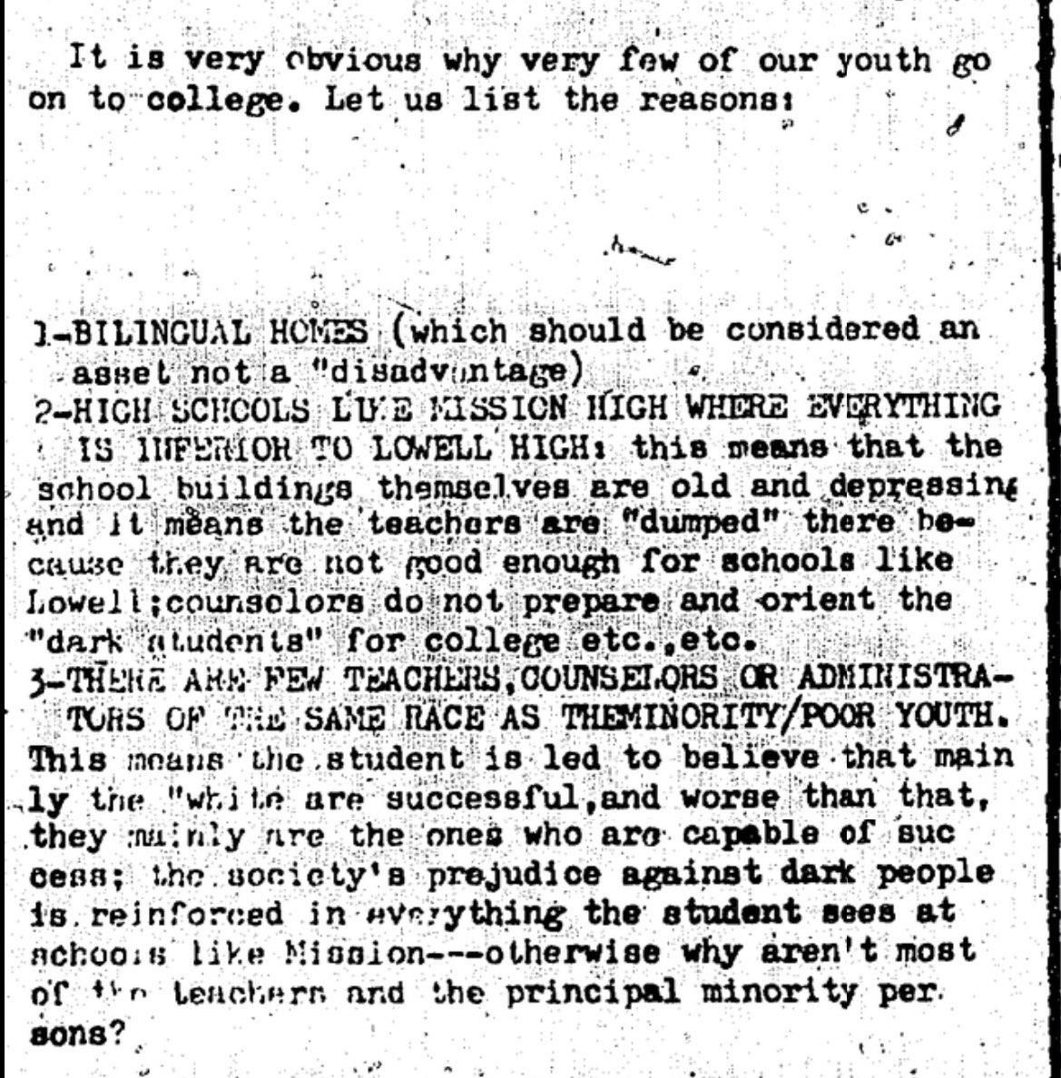 1968. neighborhood publication “Nueva Mission” writes about how “Brown and Black minorities get a second class education” while being excluded from “elite” Lowell.