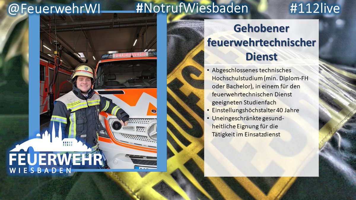 FeuerwehrWI's tweet photo. Als Einstiegsvorraussetzung für den #gehobenen und #höheren #feuerwehrtechnischen #Dienst benötigt ihr ein Studium (Bachelor bzw. Master). Vorzugsweise in einem naturwissenschaftlichen oder technischen Bereich. ^sk https://t.co/mvNfRcCmhR