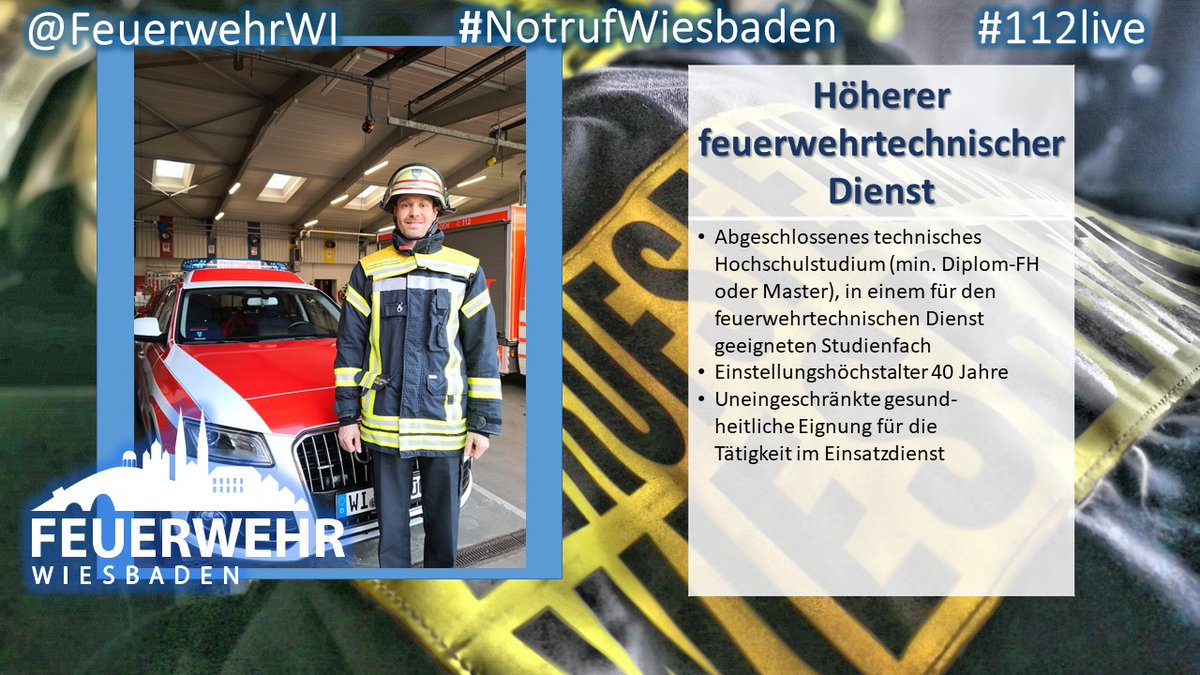 FeuerwehrWI's tweet photo. Als Einstiegsvorraussetzung für den #gehobenen und #höheren #feuerwehrtechnischen #Dienst benötigt ihr ein Studium (Bachelor bzw. Master). Vorzugsweise in einem naturwissenschaftlichen oder technischen Bereich. ^sk https://t.co/mvNfRcCmhR