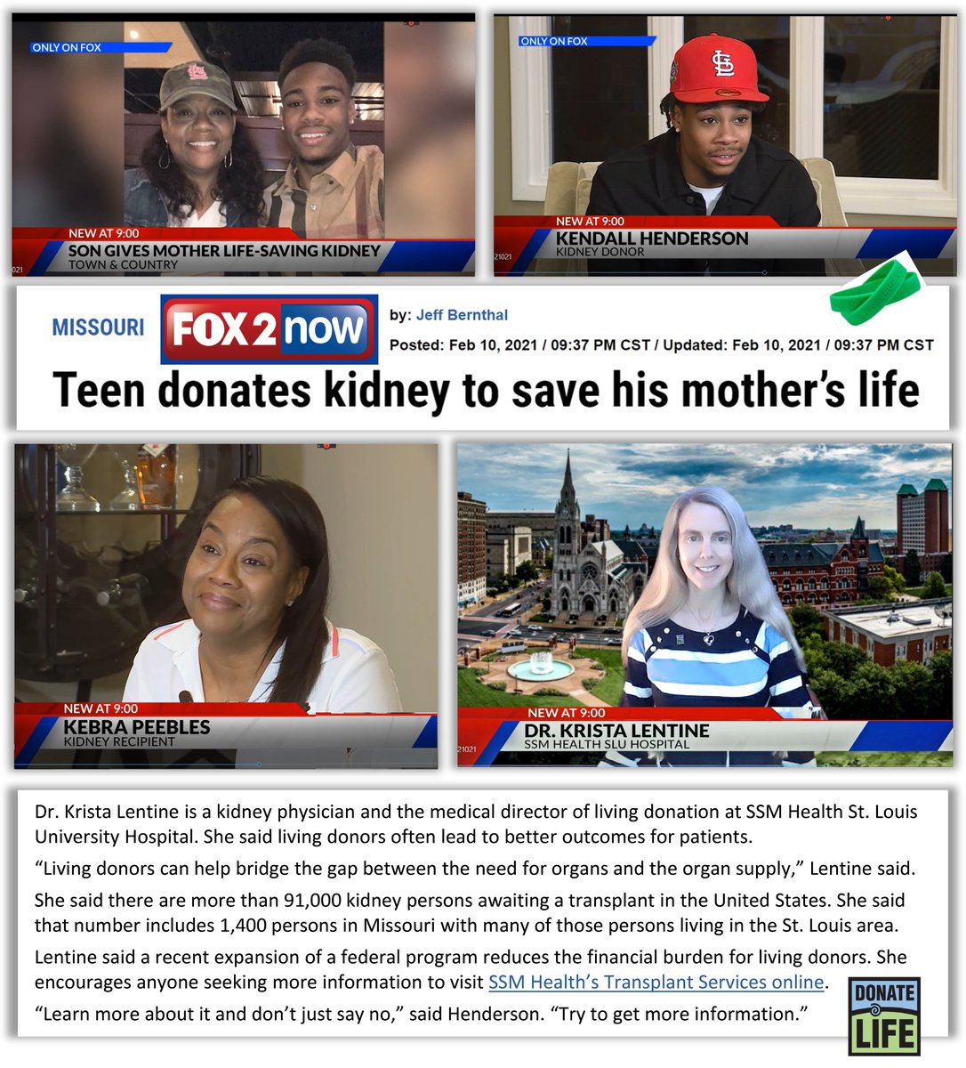 🙏🏾@FOX2now for celebrating transformative son-to-mother #LivingDonor #KidneyTransplantation @SLUHospital. Privileged to talk w/ reporter🎤@JeffBernthal about life-saving gift of #OrganDonation & need for #donors in our #StLouis community.🙌🏽#DonorDay!▶️bit.ly/3p9vEL5