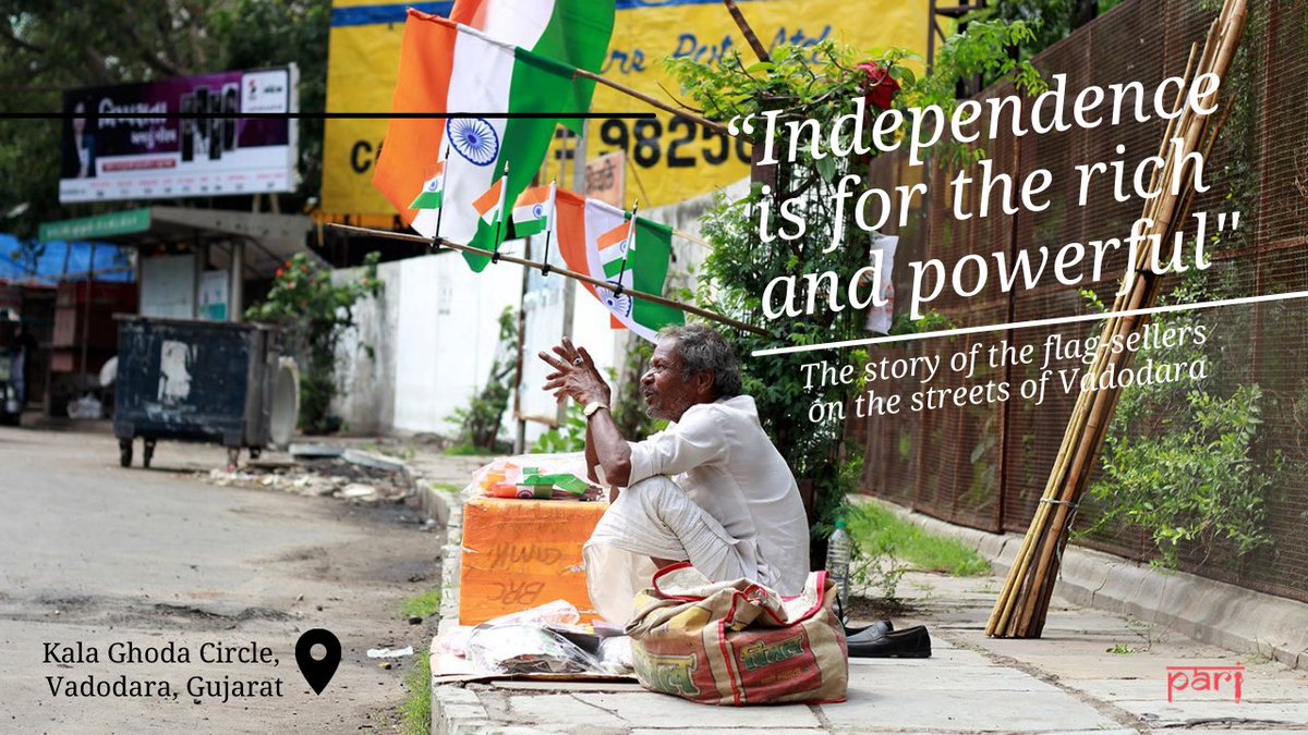 The flag-sellers on the streets of Vadodara are mostly hungry, despairing migrants from the Sawai Madhopur and Tonk areas of Rajasthan. All of them switch wares seasonally – flags, rakhis, candles, Santa caps. [photo thread]| Hansal MachchiFull Story  http://ruralindiaonline.org/en/articles/flagging-hunger-the-bagarias-in-vadodara