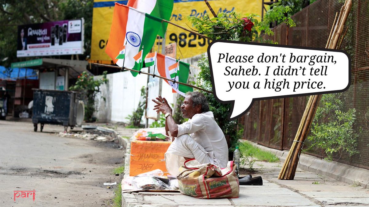 Chiranjilal Bagaria, is the oldest flag-seller on these streets. While we're talking to him, an SUV comes and the occupant starts bargaining. He has to plead customers to not bargain for the modest prices he quotes for the tricolour. [fin]Full story:  http://ruralindiaonline.org/en/articles/flagging-hunger-the-bagarias-in-vadodara/