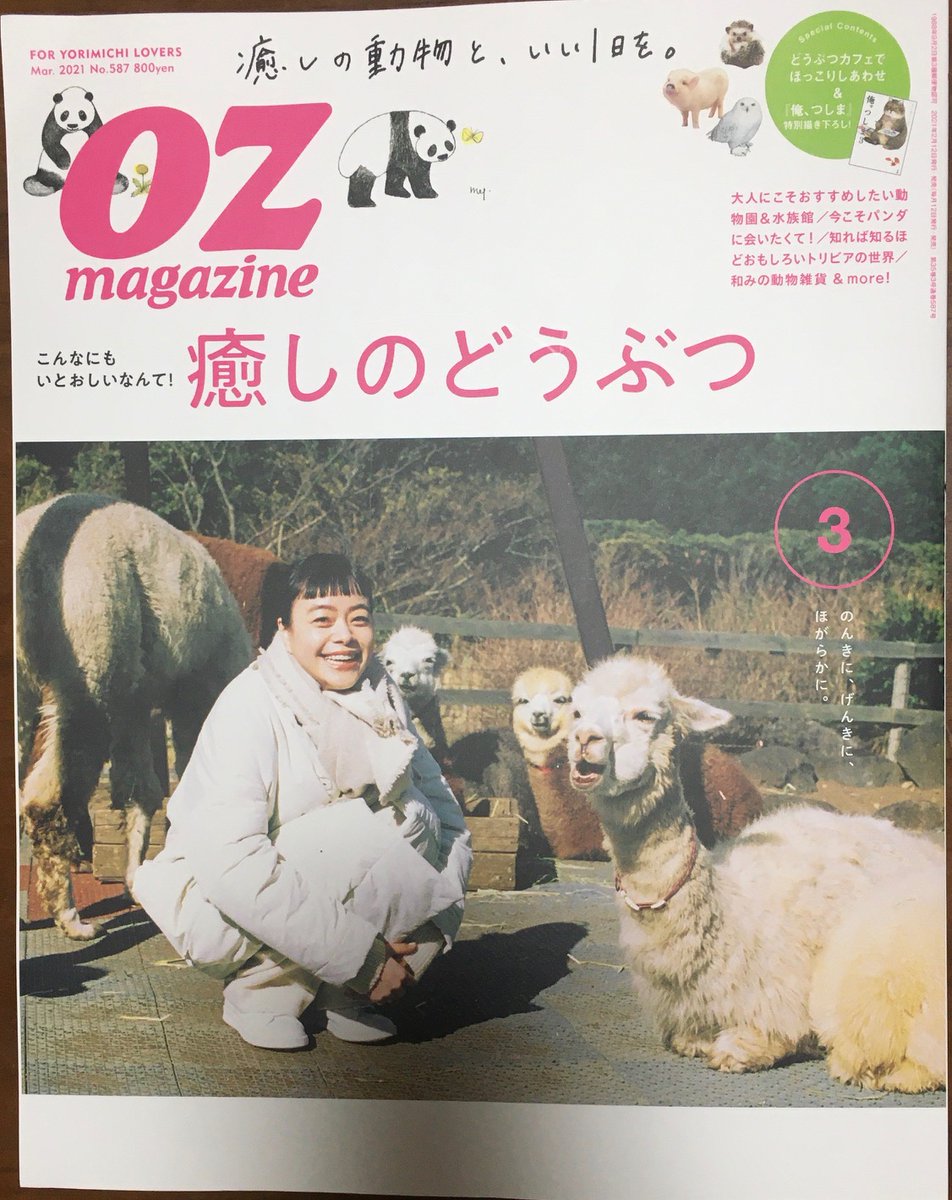 や、どうも。すっかり日がながくなったね。
2がつ12にち発売の『OZmagazine』3月ごうは「癒しのどうぶつ」特集。
ということで、『俺、つしま』の新作がのっているよ。
ほかにも、いろんなどうぶつたちがたくさん出てきて
俺、いやされたわ。
ツイッタの漫画もちかじか更新しますよ。まっていてね。 