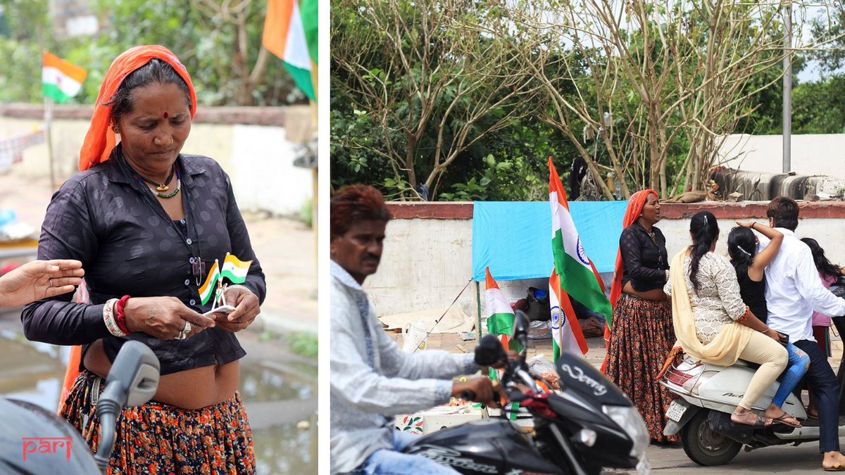 'Independence', says Sundar Bagaria, 'is for the rich and powerful'. She works 14-hour days selling flags and other items to earn ₹200, at most ₹300. “Sometimes we cook – or we kill our appetite with biscuits.” 7/n