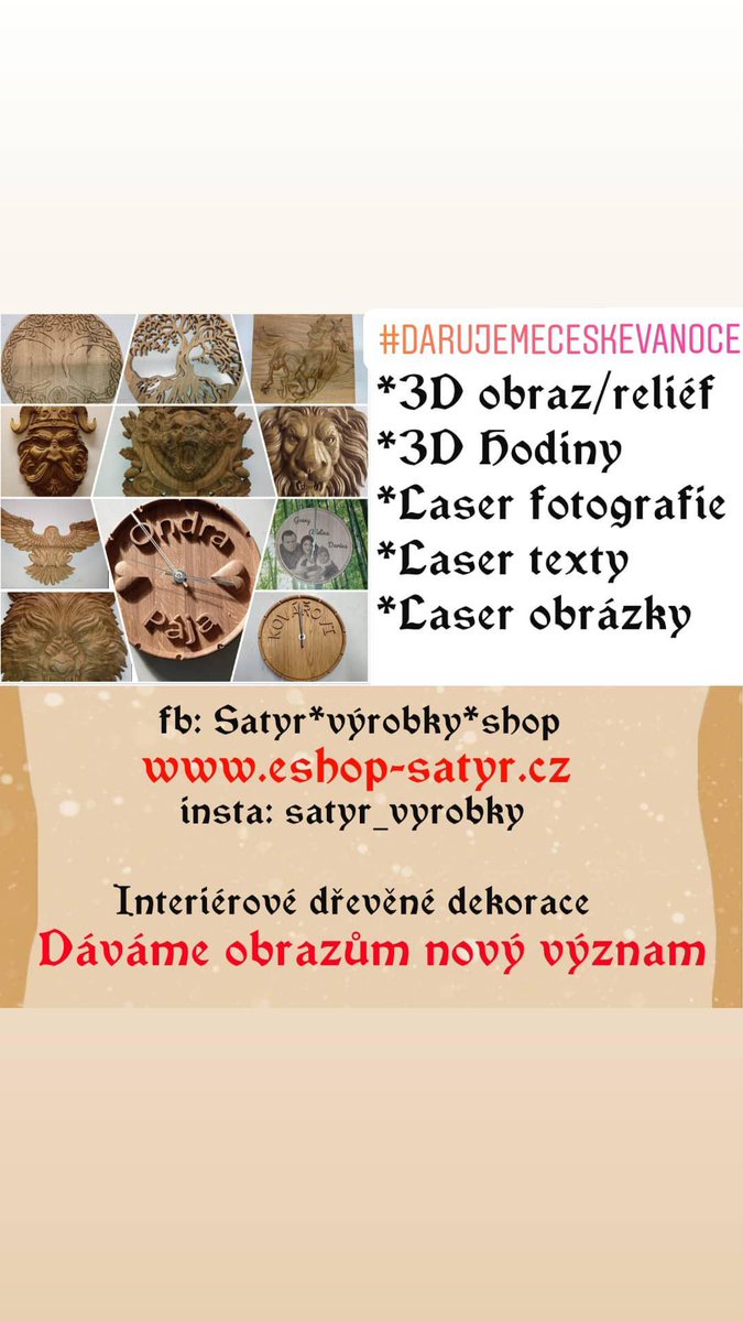 CzSatyr's tweet photo. #darujemeceskevanoce
originálni dřevěné interiérové dekorace.
3D hodiny se jmény, příjmením či pro vás důležitým datumem.
Nástěnné 3D obrazy které dávají obrazům jiný pohled.
Laser dekorace s vlastním designem.
Změňte obyčejné v elegantní.
Změňte obyčejné na originální. https://t.co/lggtOLibI7