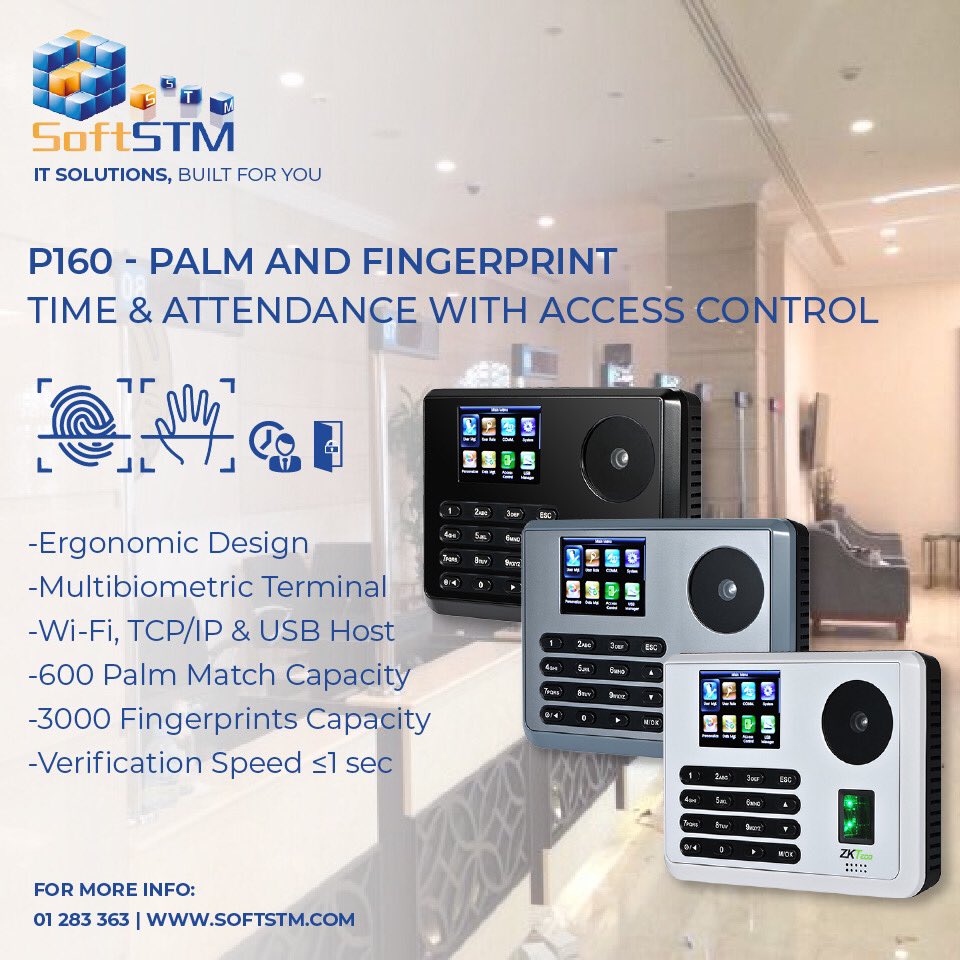 SOFTSTM's tweet image. The P160 #PalmRecognition, Multi-#Biometric Time Attendance &amp;amp; #accesscontrol Terminal has fast verification speed, an intuitive operation process + communicates via Wi-Fi, TCP/IP &amp;amp; USB host
📞 01283363
#technology #tech #timeattendance #IOT #hardware #Security #machine #softstm