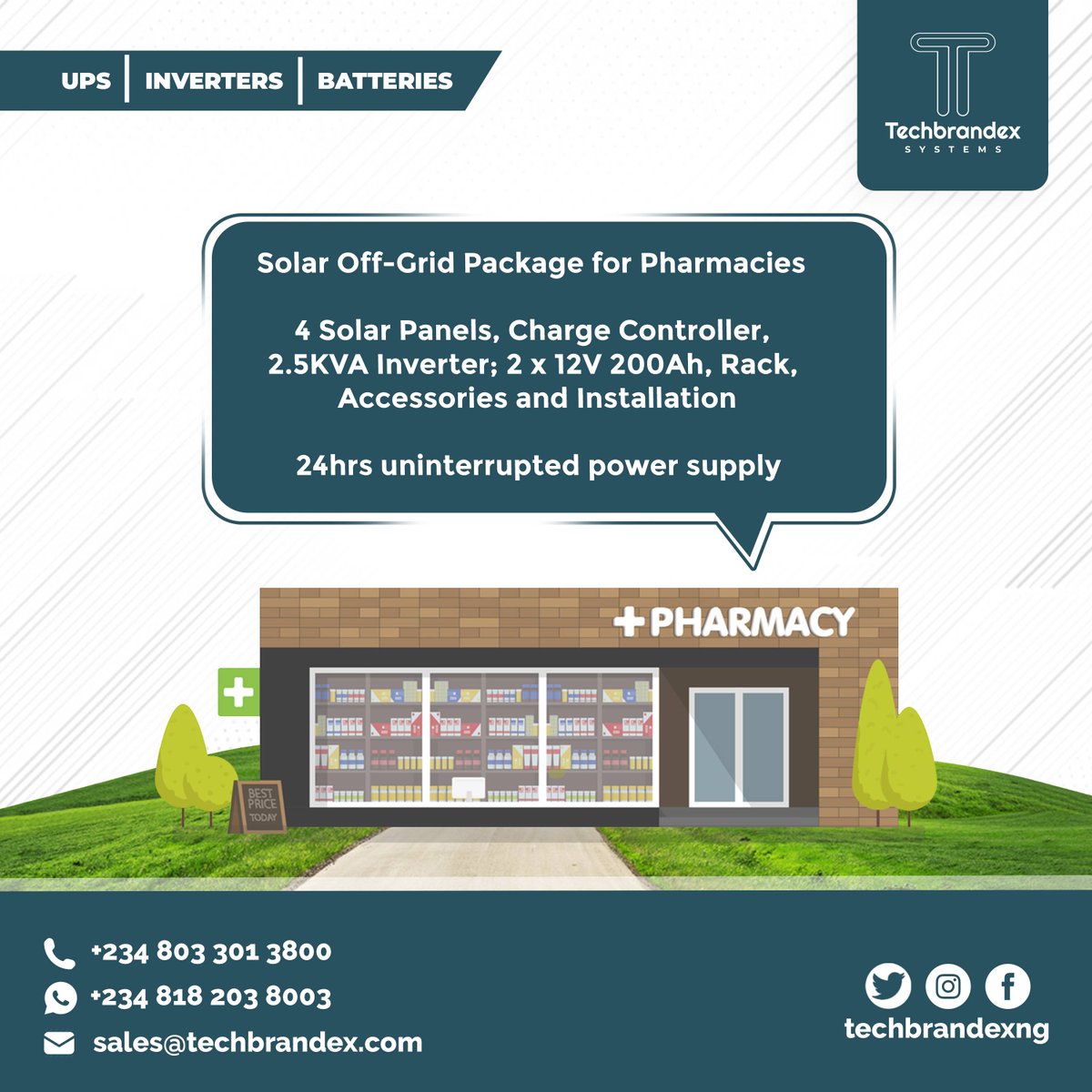 techbrandexng's tweet photo. Off-grid solar energy products provide a safer, cleaner, cheaper and reliable alternative to conventional solutions. Sign up today @techbrandexng #pharmacies #renewableenergy #solarenergy #cleanenergy #businessproductivity #techbrandexng #solar https://t.co/DqYFopVWSc