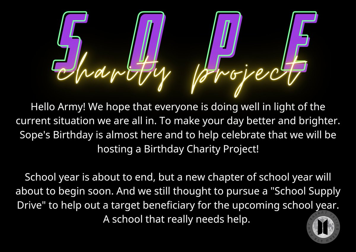 btsarmygalaxy11's tweet image. Hi Army! We are please to announce our comeback project for Jhope and Suga. 

&quot;SOPE SCHOOL DRIVE CAMPAIGN&quot; a birthday project with a cause. 

Hope you guys will helps us spread this and also participate! We wanted to be the light into someone&apos;s lives. ++