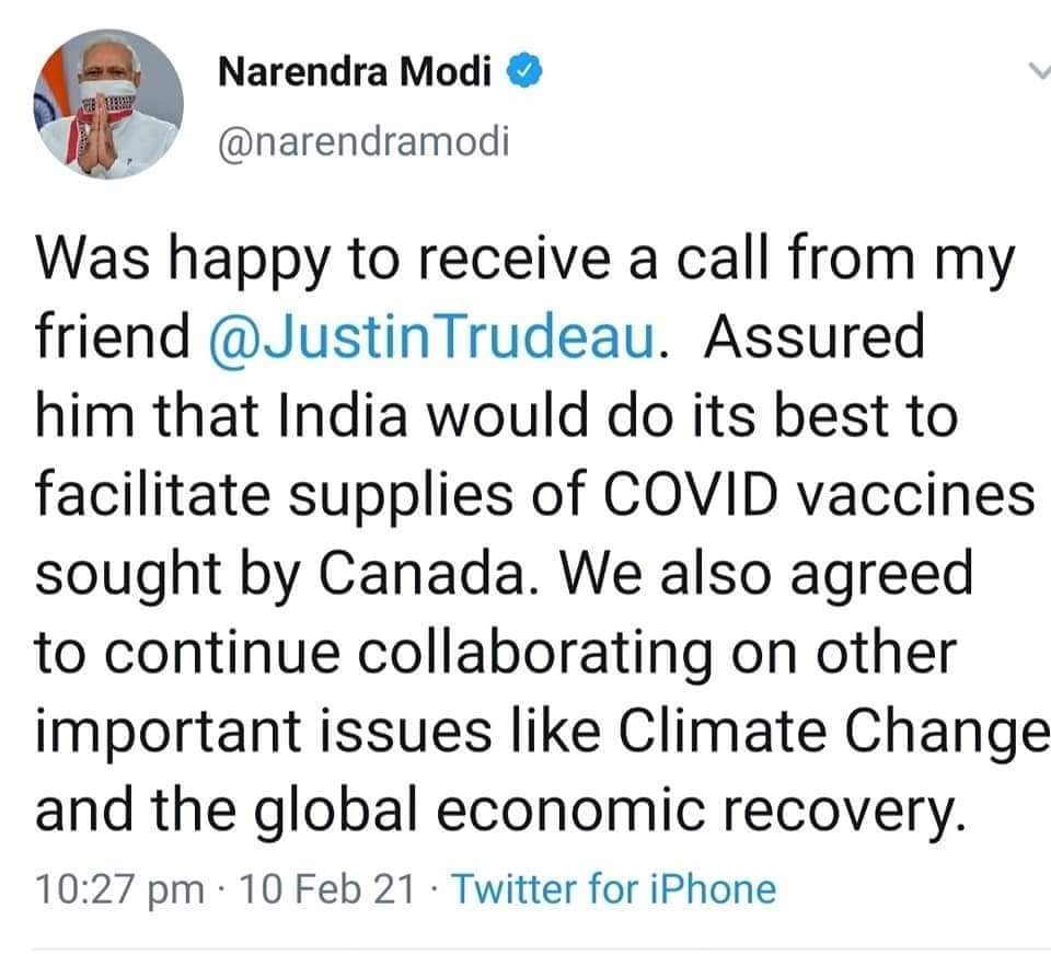 भारत में किसान आंदोलन के समर्थन में बयानबाजी करने के बाद अब कनाडा के प्रधानमंत्री जस्टिन ट्रुडे को भारत की वैक्सीन की जरूरत पड़ने पर पीएम मोदीजी को फोन करना पड़ा
#Canada