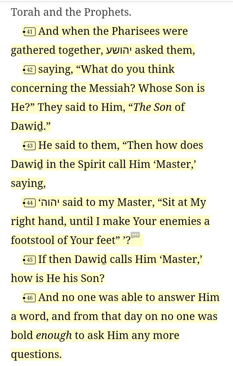 edgra4207's tweet image. #Matthew22:41-46
If Y'shua directly comes from David then why does David call Him Master?!
It's because Y'shua legally came through the lineage of David but is  greater than David.
Y'shua came down from heaven #John6:51, #Philippians2:6-7.
Y'shua is not a Nephilim He is Elohim!!