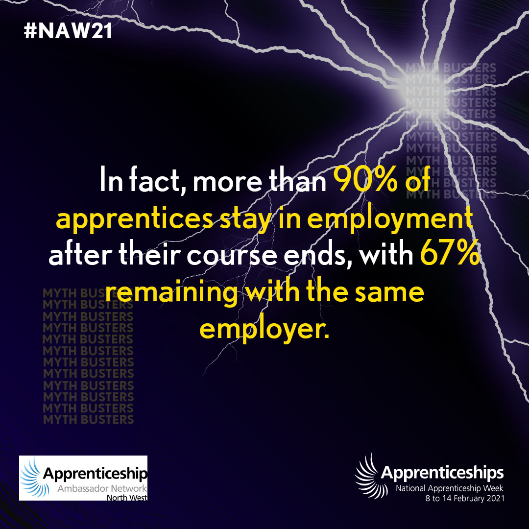 NWAANetwork's tweet image. MYTHBUSTERS #6
Over 90% of apprentices stay in employment following their qualification! 
#NAW21