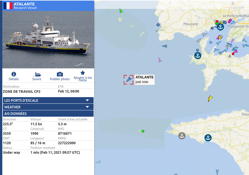 FabriceArdhuin's tweet photo. And off she goes: R/V L'Atalante left Brest harbor under the snow this morning for the #SUMOS cruise: looking for waves &amp; air-sea fluxes and CAL/VAL for the #CFOSAT missions + preparing for future satellite missions including SWOT and SKIM.  On board : lots of @Lops_Brest folks https://t.co/7lpwWbKaeb