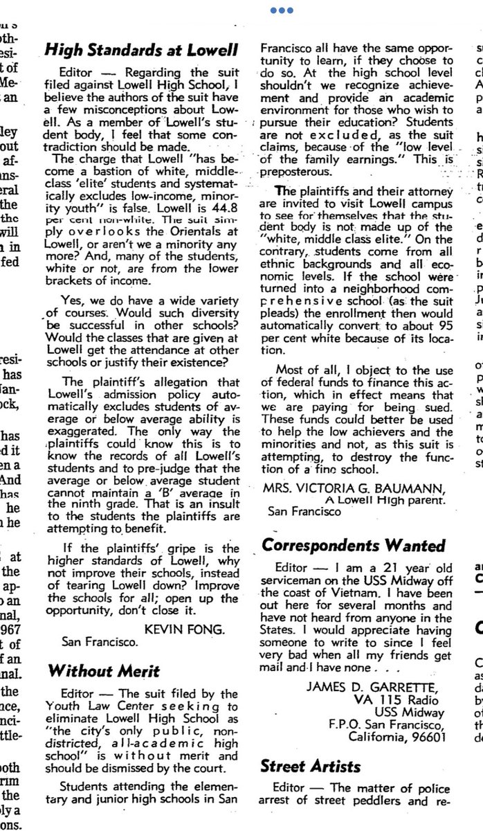 editorials published on the Chronicle in response to the 1971 lawsuit. one opposes the lawsuit because low-income minorities would have the same opportunity to learn “if they chose to do so.” another says the claim of racism “overlooks” the number of Asian students there