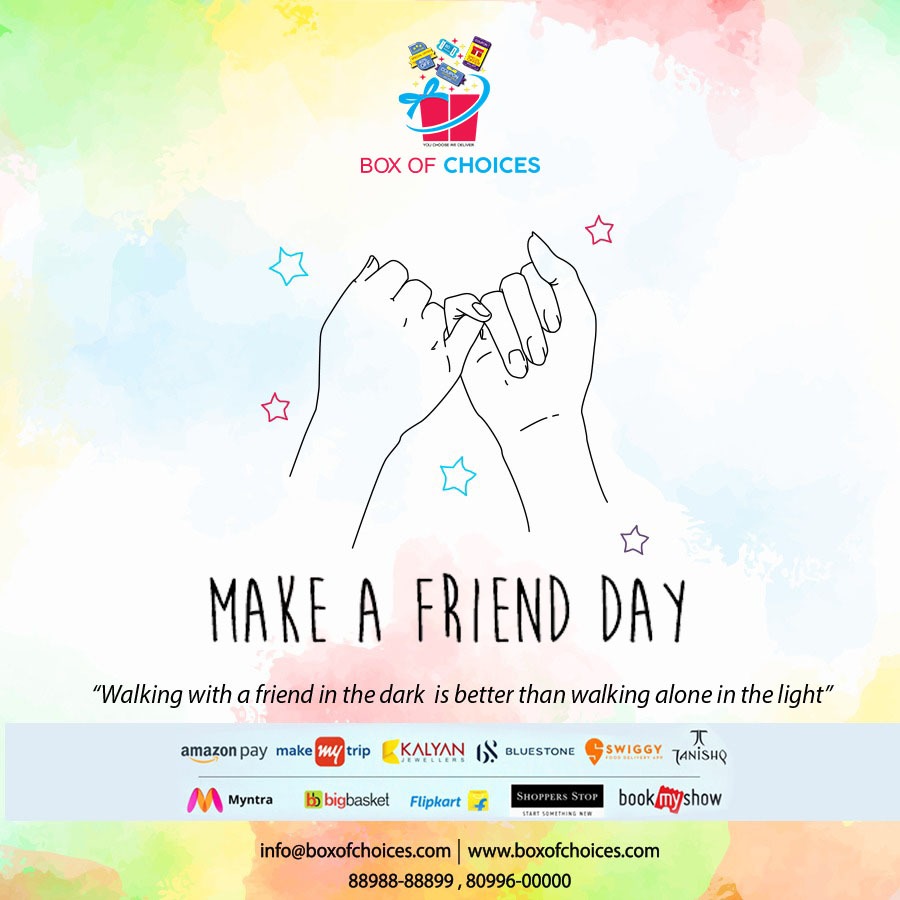BoxofChoices's tweet photo. Make a Friend Day.🤗

"Walking a friend in the Dark is better than walking alone in the light."

Call us for more details on 88988-88899 or write mail us at info@boxofchoices.com

Contact us for Employee gifting Coupons.

#MakeaFriendDay #FriendDay #Friendship 
#boxofchoices https://t.co/nZBIYQbDnN