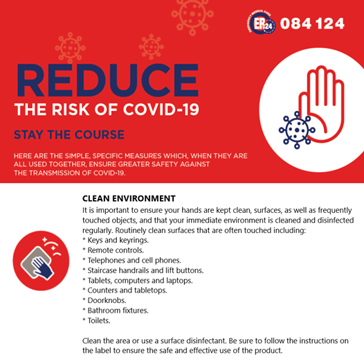 911_Response24's tweet photo. Reduce the risk of COVID-19

ER24 highlight the specific and simple measurements to be taken. Today we look at CLEAN ENVIRONMENT.

#ER24 #medicalpartners #EverySecondCounts #Response24 #protectothers #protectyourself #protectyourcommunity #yourcommunity https://t.co/d5GYK3UWuJ